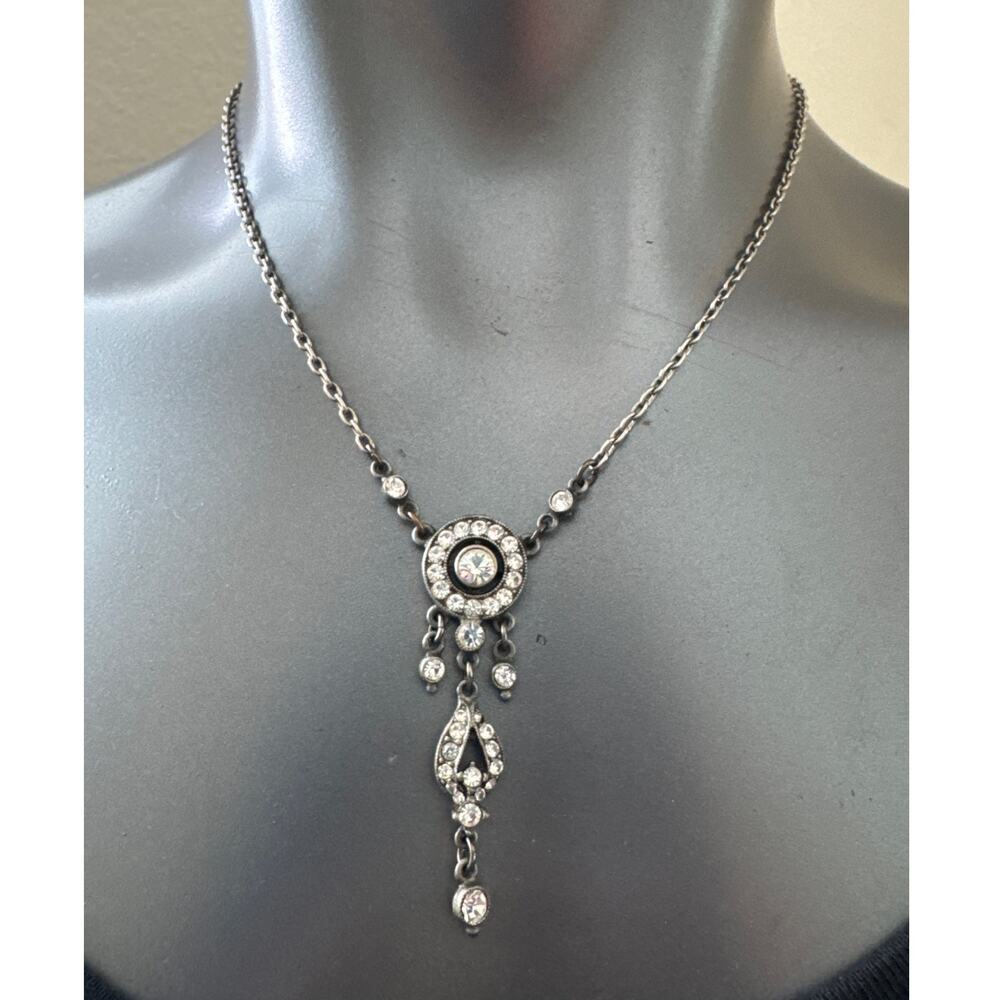 Vintage Signed Ben-Amun Antiqued Silver & Clear Crystal Art Deco Drop Necklace